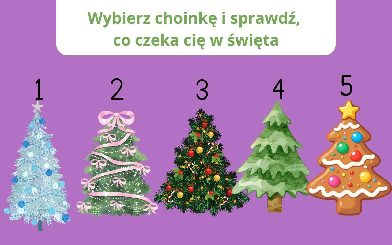 Test osobowości, który zdradzi, jak spędzisz okres bożonarodzeniowy Pięć kolorowych rysunkowych choinek ustawionych w jednym rzędzie na fioletowym tle, każda oznaczona innym numerem. Choinki różnią się ozdobami oraz stylem dekoracji. Powyżej napis zachęcający do wyboru choinki.