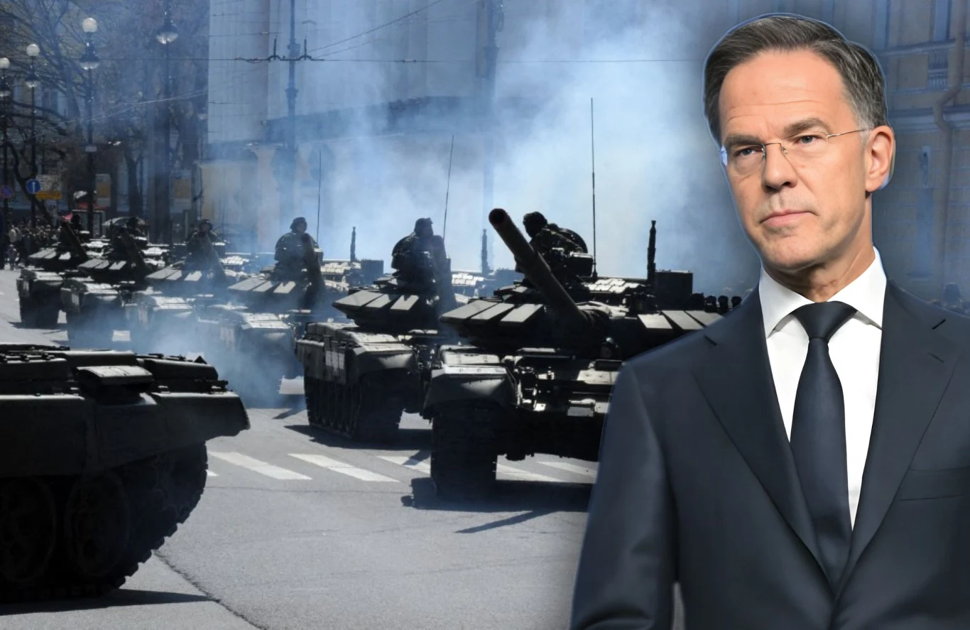 Sekretarz generalny NATO Mark Rutte ostrzega, że Sojusz będzie kolejnym celem Rosji Kolumna czołgów jadąca ulicami miasta wśród dymu oraz mężczyzna w garniturze patrzący w stronę kamery, wyraźnie oddzielony od scenerii militarnej.