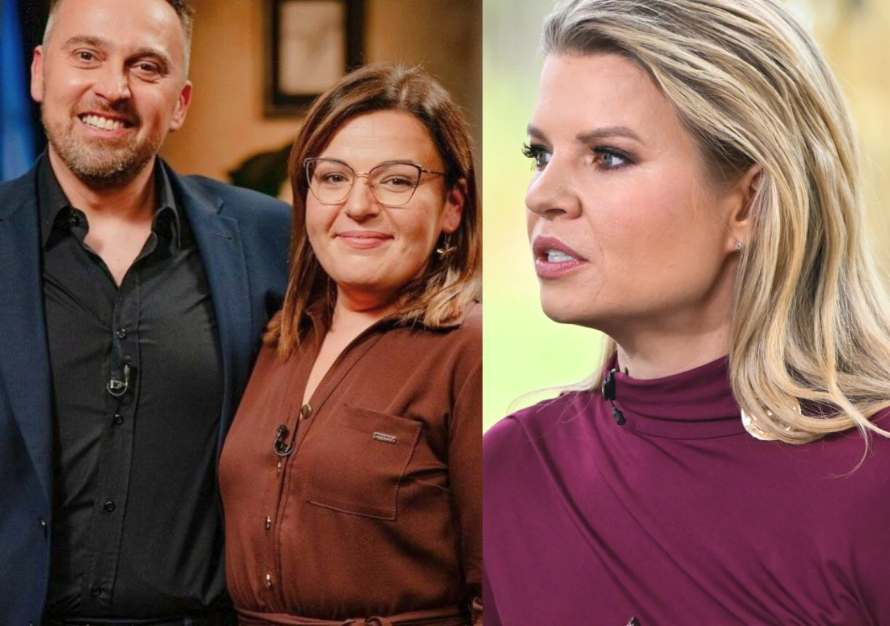 Rolnik szuka żony 12: Basia i Mateusz oraz Marta Manowska Trzy osoby, dwoje stojących obok siebie w formalnym stroju, mężczyzna i kobieta z uśmiechami na twarzach, kobieta po prawej stronie ubrana w bordową sukienkę patrzy w bok z neutralnym wyrazem twarzy.