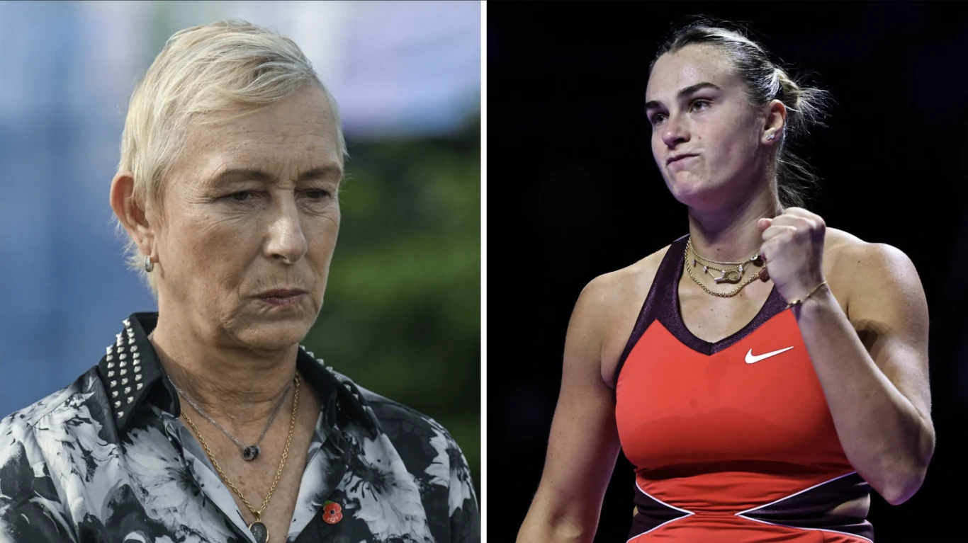 Martina Navratilova zareagowała na słowa Aryny Sabalenki o transpłciowych zawodniczkach Po lewej stronie starsza kobieta o krótkich, siwych włosach w eleganckiej koszuli ze smutnym lub zamyślonym wyrazem twarzy, po prawej młoda kobieta w sportowym stroju, z zaciśniętą pięścią, prezentująca determinację na twarzy.