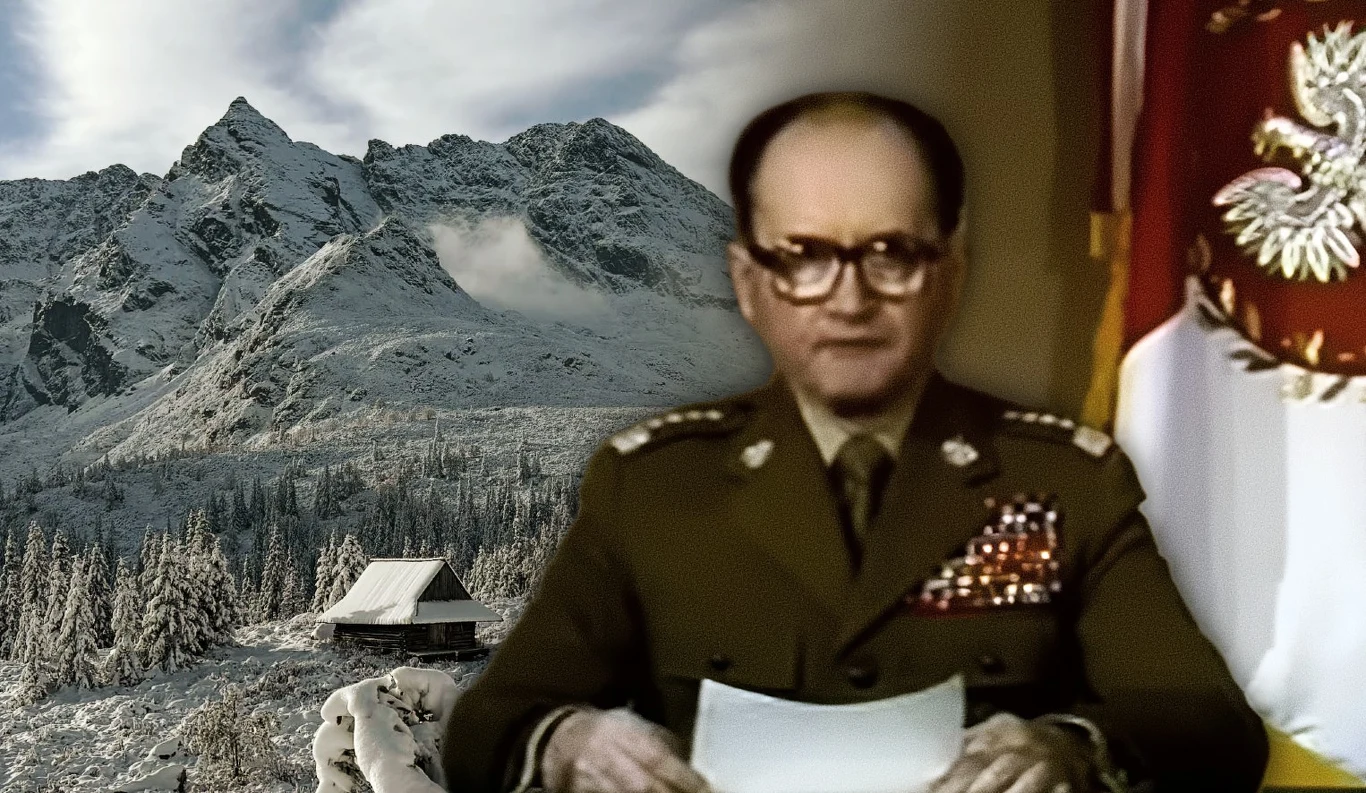 13 grudnia 1981 roku Wojciech Jaruzelski wprowadził w Polsce stan wojenny. Po decyzji do protestów doszło również w Zakopanem Wojciech Jaruzelski w mundurze wojskowym siedzi przy stole z dokumentami, a w tle widoczne są ośnieżone góry i polska flaga.