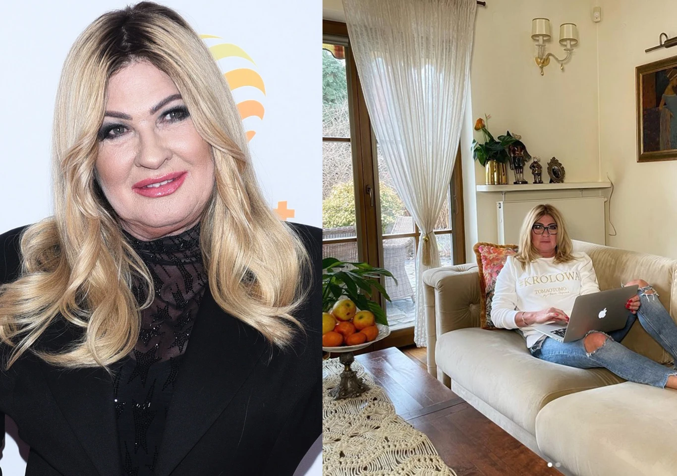 Kobieta o blond włosach i jasnej karnacji po lewej stronie w eleganckim stroju, po prawej stronie siedzi na jasnej kanapie w przytulnym salonie, ubrana casualowo, trzymając laptopa na kolanach, wnętrze jest jasne i ozdobione roślinami i owocami.