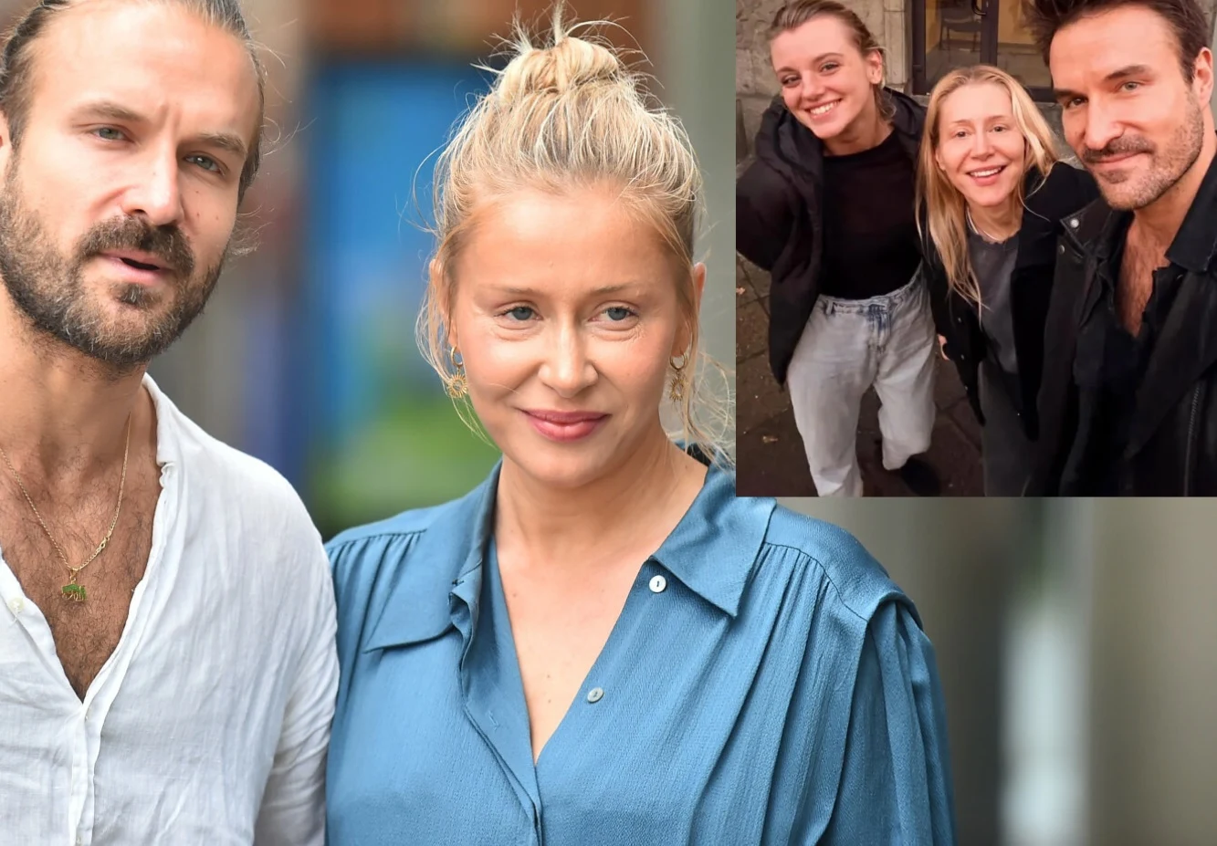 Para dorosłych z blondynką ubraną w niebieską koszulę i mężczyzną w białej koszuli po lewej stronie zdjęcia, w prawym górnym rogu wstawione mniejsze zdjęcie trzech uśmiechniętych osób, w tym jednej tej samej kobiety co na głównym planie.