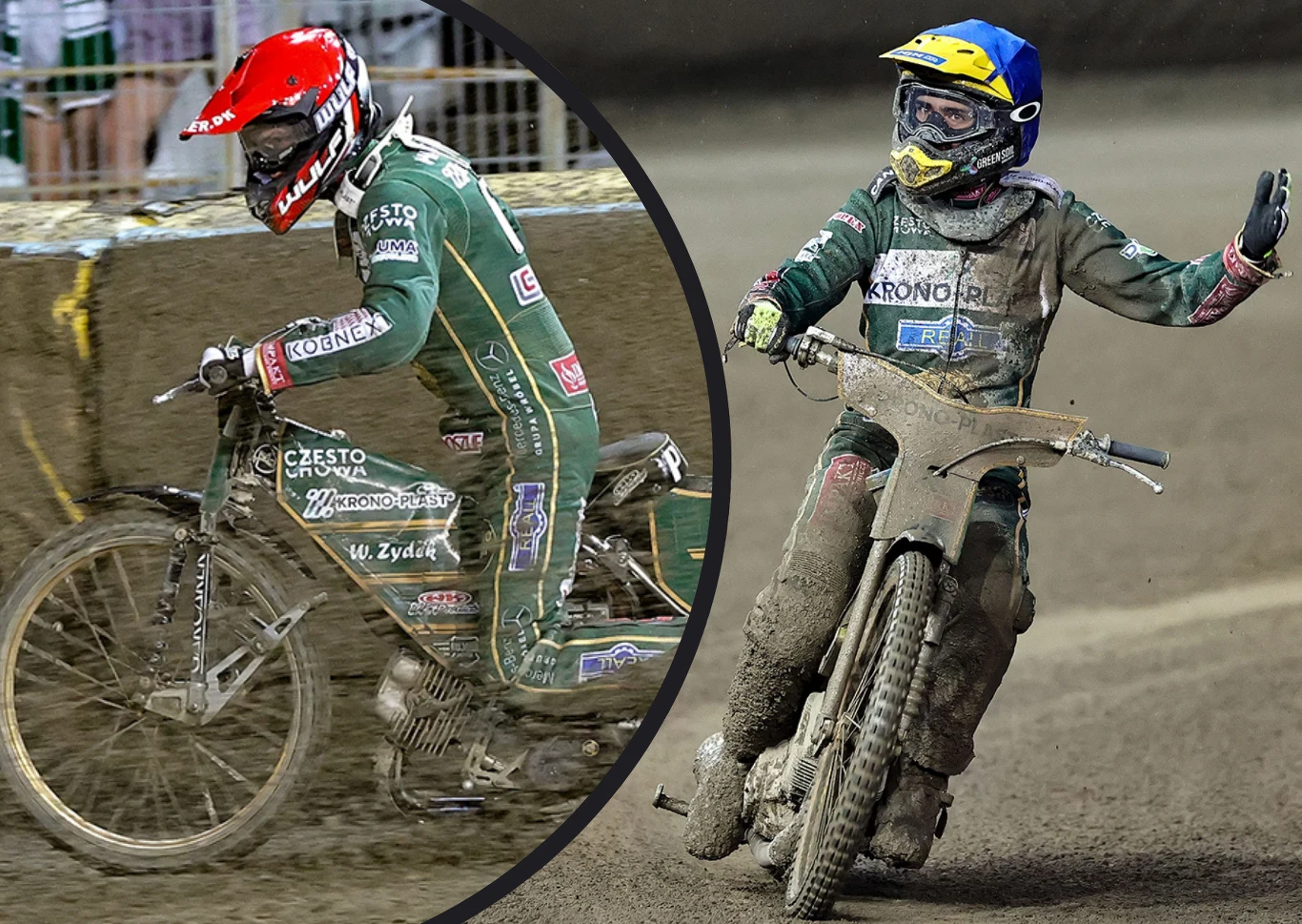 Trudne chwile Włókniarza Częstochowa. Ekspert o karkołomnym planie, który może dać utrzymanie. Dwóch żużlowców podczas wyścigu, obaj ubrani w kombinezony z logo sponsorów i kaskach, jadą na motocyklach po torze pokrytym żużlem. Jeden z zawodników unosi rękę w geście pozdrowienia lub uznania.