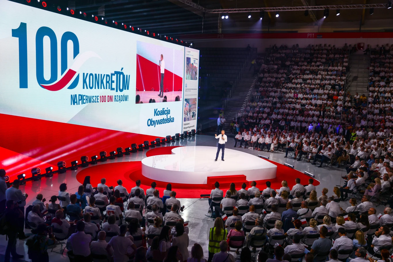 Sondaż IBRiS dla Polsat News. Jak Polacy oceniają realizację obietnic przez rząd Donalda Tuska? Duża sala wypełniona ludźmi podczas wydarzenia politycznego, na scenie znajduje się mówca, a za nim wyświetlony jest ekran pokazujący napis „100 Konkretów” oraz logo Koalicji Obywatelskiej. Atmosfera skupienia, światła skupione na scenie, publiczność s...