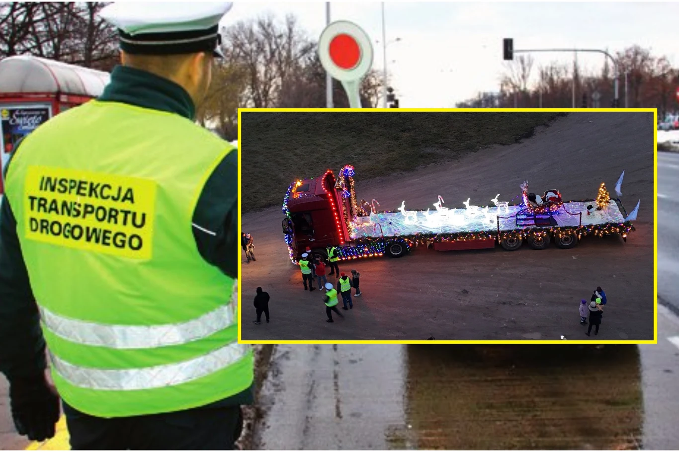 Mikołajkowy przejazd zakończył się dla kierowcy ozdobionej ciężarówki mandatem karnym i zatrzymaniem prawa jazdy. / Fot. FB - Banda z Grajewa Funkcjonariusz Inspekcji Transportu Drogowego obserwuje sytuację na drodze, w centralnej części fotografii umieszczono podświetlony pojazd z dekoracjami oraz grupą ludzi w kamizelkach odblaskowych, co sugeruje organizację wydarzenia lub kontrolę transp...