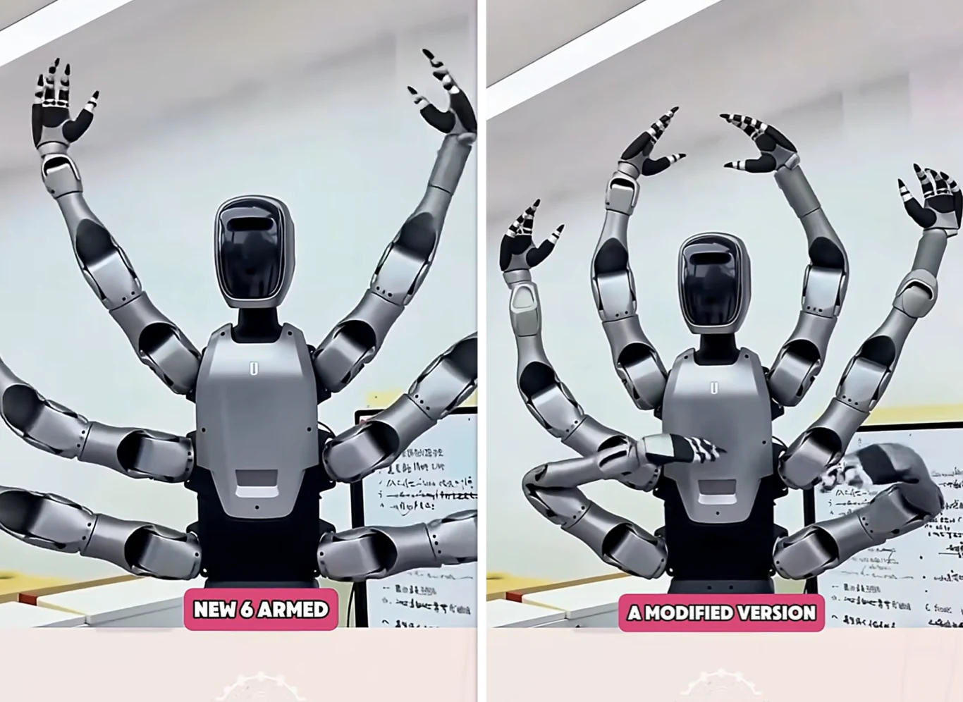 Humanoid Midei z sześcioma ramionami podniesie wydajność fabryk o 30 proc. Robot z sześcioma ramionami o nowoczesnej konstrukcji w dwóch wersjach ustawionych obok siebie na tle jasnego pomieszczenia laboratoryjnego i tablicy zapisana odręcznie.