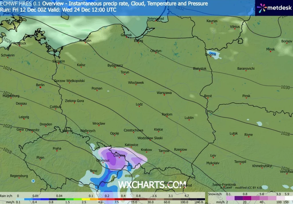 W okolicach Wigilii może spaść śnieg, choć prawdopodobnie tylko na południowych krańcach Polski Kolorowa mapa meteorologiczna Polski z zaznaczonym prognozowanym opadem śniegu i deszczu w południowej części kraju w okolicach Katowic i Krakowa, przedstawiająca także zachmurzenie oraz temperaturę i ciśnienie.