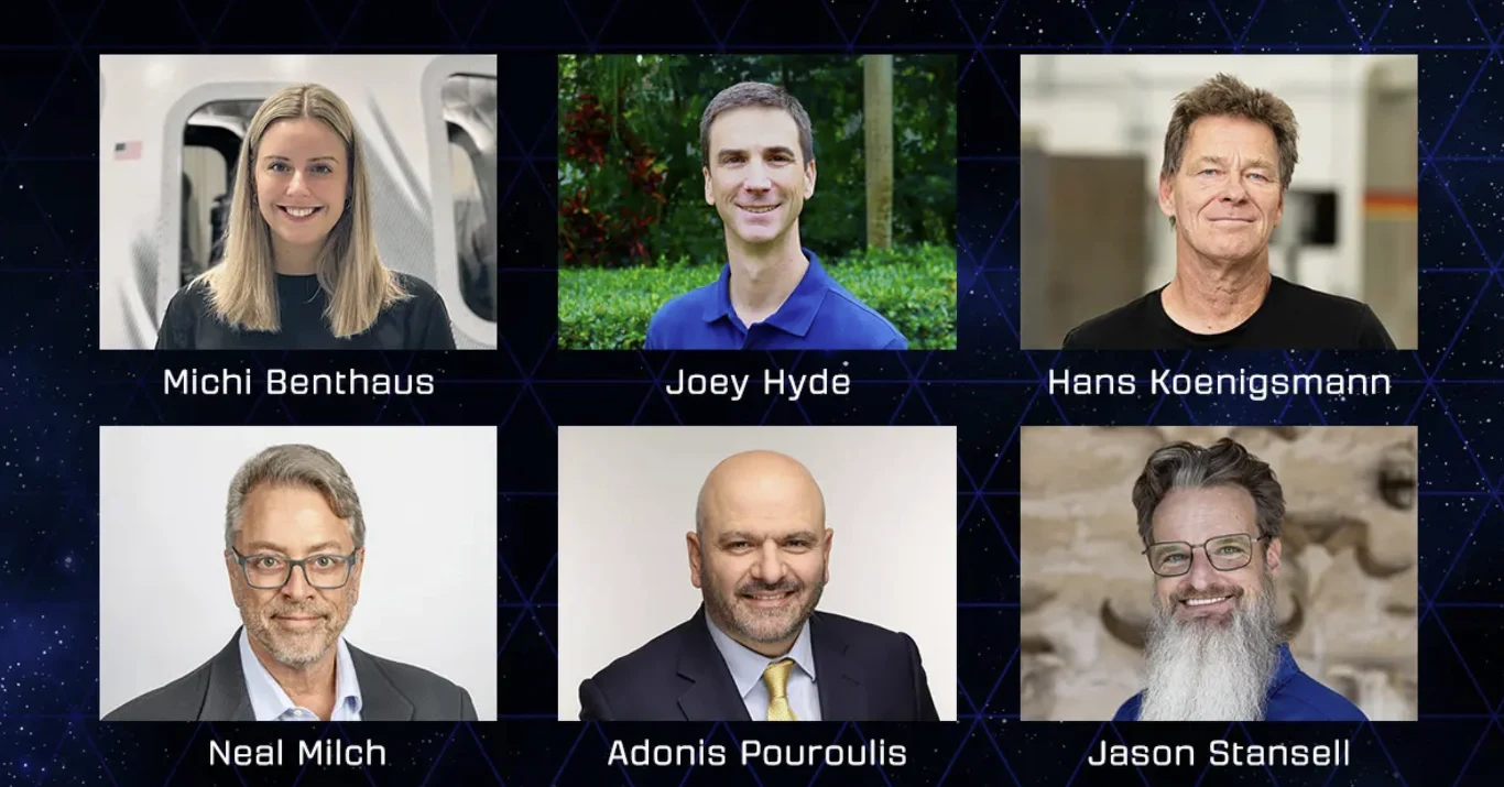 Blue Origin ogłosiło skład załogi swojego kolejnego lotu turystycznego w kosmos Sześć portretów osób ustawionych w dwóch rzędach na ciemnym tle z podpisanymi imionami i nazwiskami. Każda osoba przedstawiona w innym otoczeniu, uśmiechnięci lub neutralni.