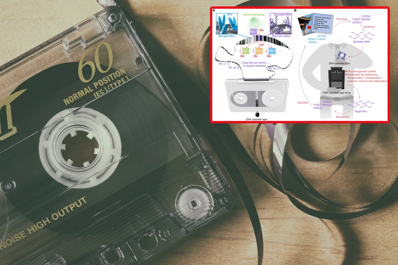 Historia zatoczy koło. Tak jak w czasach Commodore 64, tak nowe kasety z materiałem DNA stanowią nośnik pamięci. Mają nawet tę samą wadę Kaseta magnetofonowa z rozwiniętą taśmą leży na drewnianym podłożu, w prawym górnym rogu umieszczono schematyczny rysunek ilustrujący zasady działania technologii związanej z kasetą.