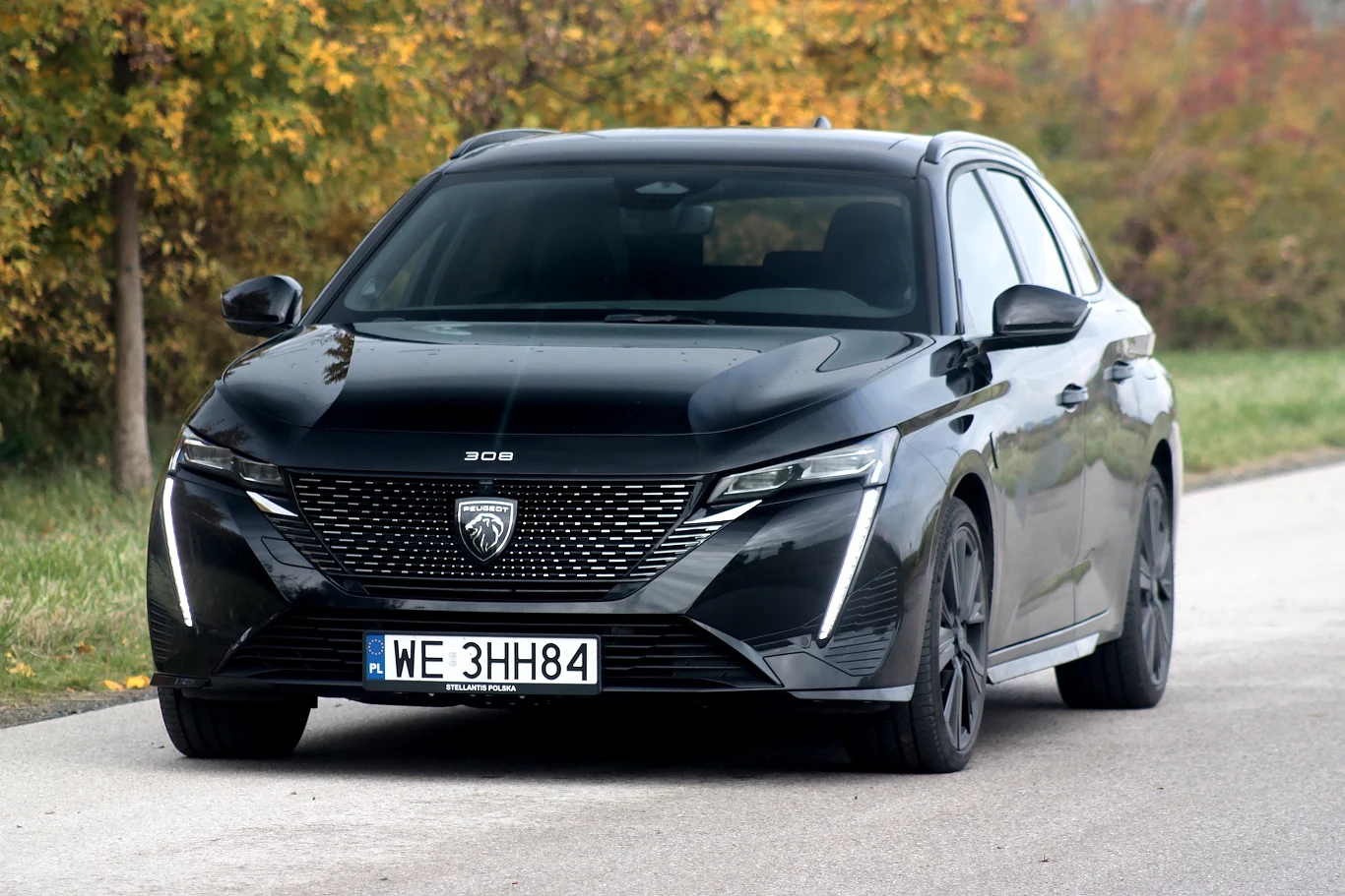 Czarny samochód Peugeot 308 stoi zaparkowany na poboczu asfaltowej drogi, otoczony jesienną roślinnością z dominującymi odcieniami zieleni i żółci. Nowoczesny design pojazdu podkreślają ostre linie reflektorów LED oraz charakterystyczny grill z logo ma...