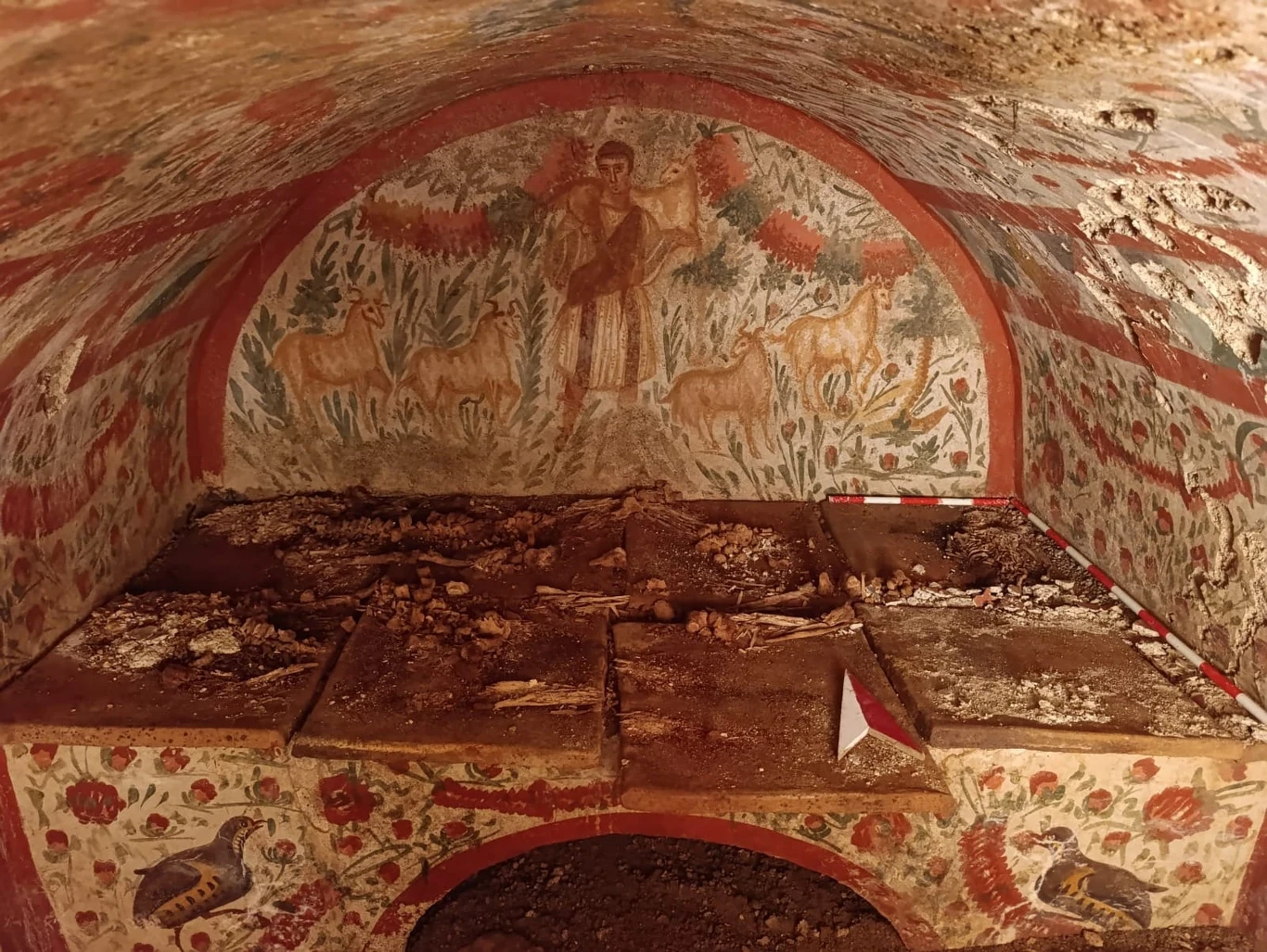 Bogato zdobiona katakumba z licznymi malowidłami ściennymi przedstawiającymi postać pasterza w otoczeniu owiec, z kwiatowymi motywami oraz zniszczonymi kamiennymi płytami przykrywającymi grobowiec.