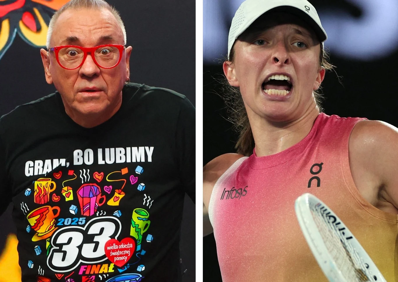 Jerzy Owsiak i Iga Świątek raz w roku rozgrywają doskonałą partię w mikście Dwie znane osoby. Po lewej starszy mężczyzna w okularach w czerwonych oprawkach i czarnej koszulce z kolorowym nadrukiem, po prawej młoda kobieta w sportowym stroju i czapce z daszkiem, z rakietą tenisową w ręku, w dynamicznej pozie.