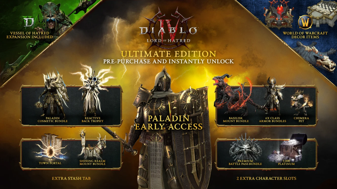 Promocyjna grafika gry Diablo IV Lord of Hatred z postacią paladyna w centralnej części. Otoczona przez wizualizacje przedmiotów i bonusów oferowanych w edycji Ultimate, takich jak stroje, wierzchowce, skórki oraz odblokowania w grze. U góry dodatki dl...