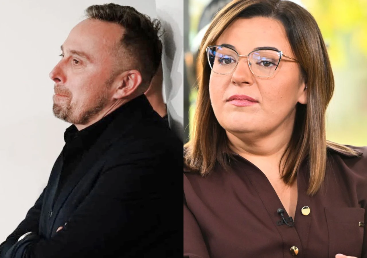 Mateusz Uściłowski i Barbara Boruch, "Rolnik szuka żony" Dwie osoby w średnim wieku, mężczyzna z krótkimi włosami i brodą w czarnym ubraniu patrzy w bok z poważnym wyrazem twarzy, kobieta z prostymi włosami, w okularach i brązowej koszuli siedzi spokojnie, patrząc w kierunku aparatu.