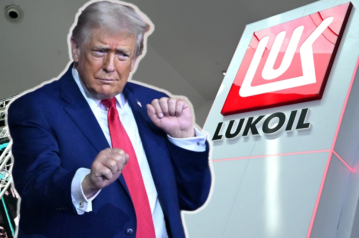 Były doradca Trumpa jest dziś konsultantem rosyjskiego Łukoilu Znana postać polityczna ustawiona w dynamicznej pozie gestykulującej dłońmi na tle dużego logo rosyjskiej firmy paliwowej Lukoil.