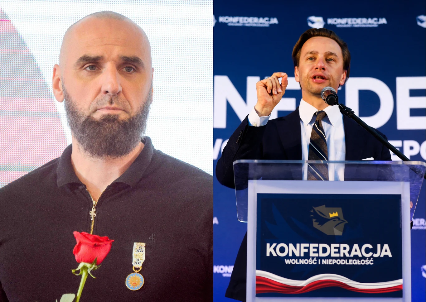 Marcin Gortat i Krzysztof Bosak Po lewej stronie mężczyzna z brodą trzymający czerwoną różę, posiadający medal na piersi, w tle jasne światło; po prawej stronie mężczyzna w garniturze przemawiający zza przezroczystej mównicy z logo Konfederacji, na niebieskim tle z napisem politycznym.
