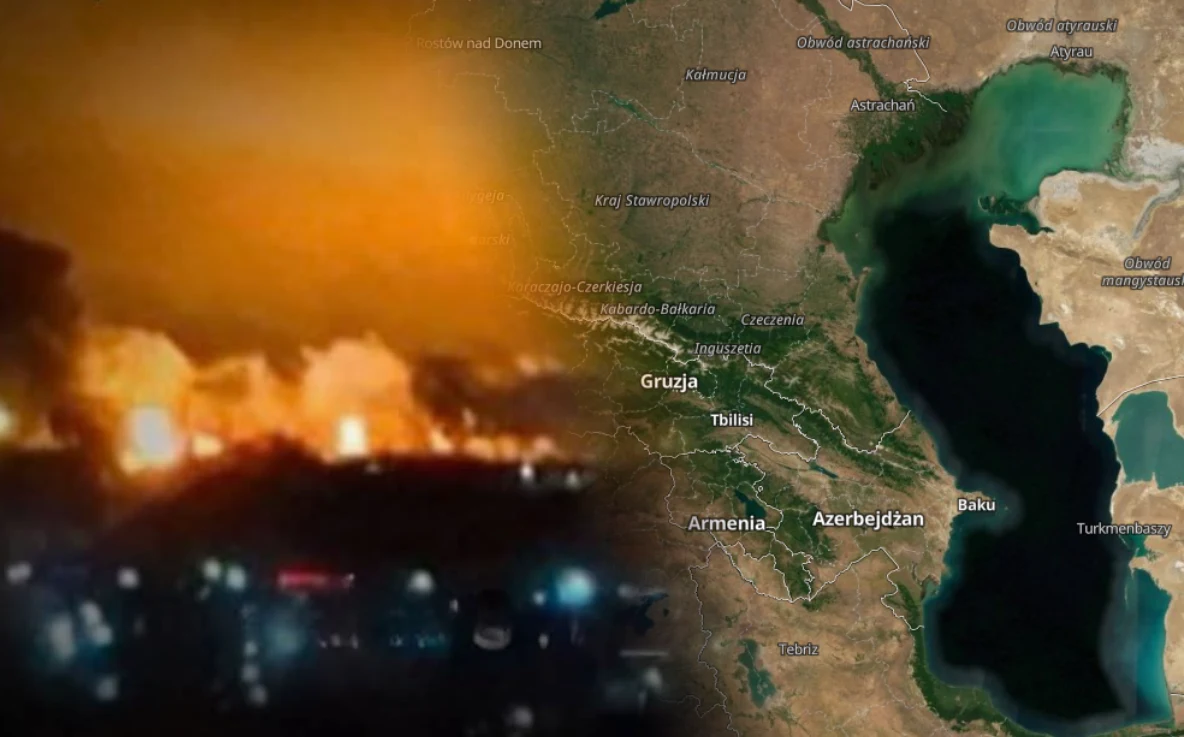 Ukraina. Wojsko i SBU powiadomiły o atakach na rosyjską rafinerię i platformy na Morzu Kaspijskim Płomienie i wybuchy na tle nocnego nieba kontrastujące z mapą Kaukazu Południowego, obejmującą Gruzję, Armenię i Azerbejdżan oraz część Turcji, Iranu i Morza Kaspijskiego.