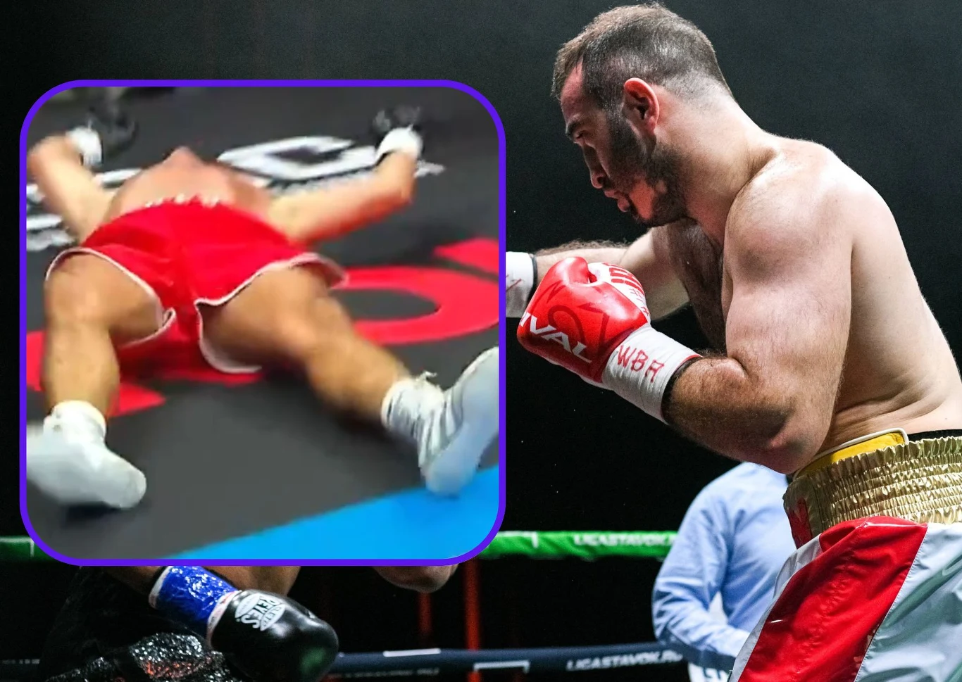 Murat Gassijew (z prawej) ciężko znokautował Kubrata Pulewa Zawodnik bokserski w czerwonych spodenkach po nokaucie leży na plecach na ringu, widoczny w powiększonym kadrze, podczas gdy drugi bokser z odsłoniętą klatką piersiową i czerwonymi rękawicami zbliża się do niego, a w tle widać bokserskich sędziów i matę.