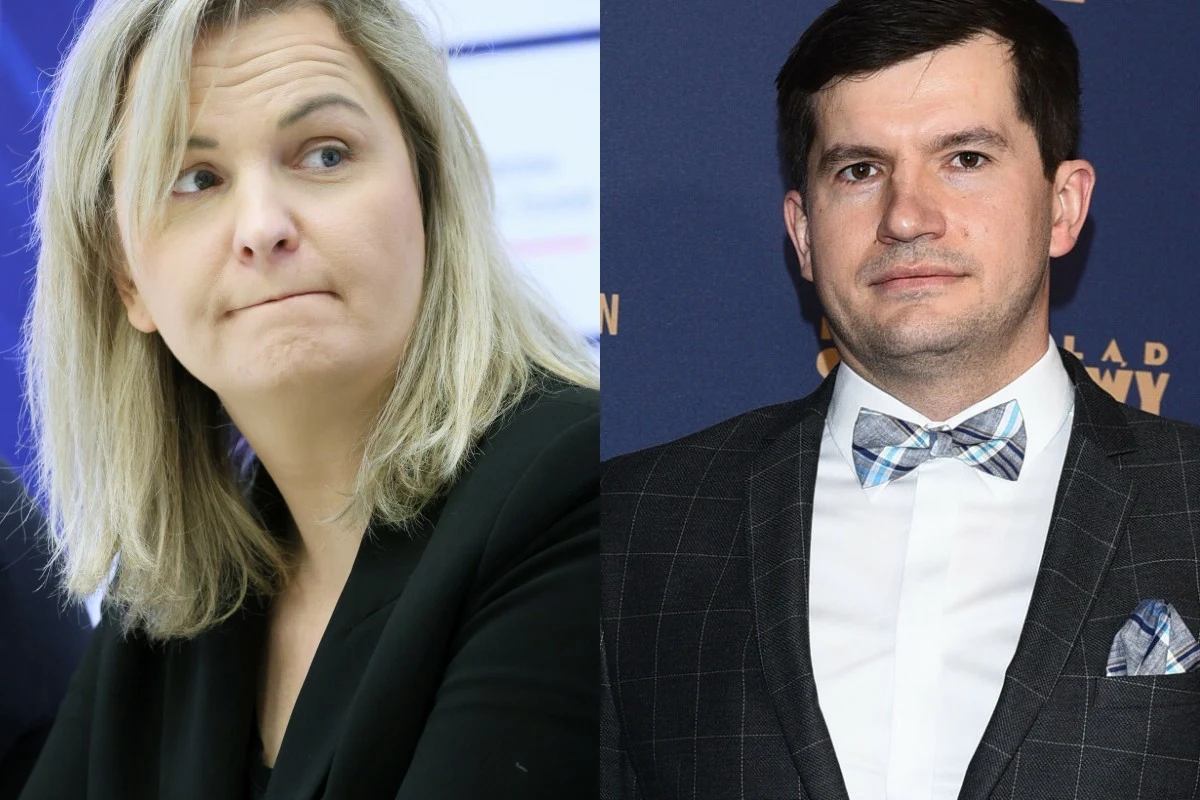 Otylia Jędrzejczak i Paweł Przybyła Dwie osoby w średnim wieku, kobieta o blond włosach i mężczyzna w garniturze z muszką, sfotografowane w różnych miejscach, każda patrzy w inną stronę, oboje w formalnych ubraniach.