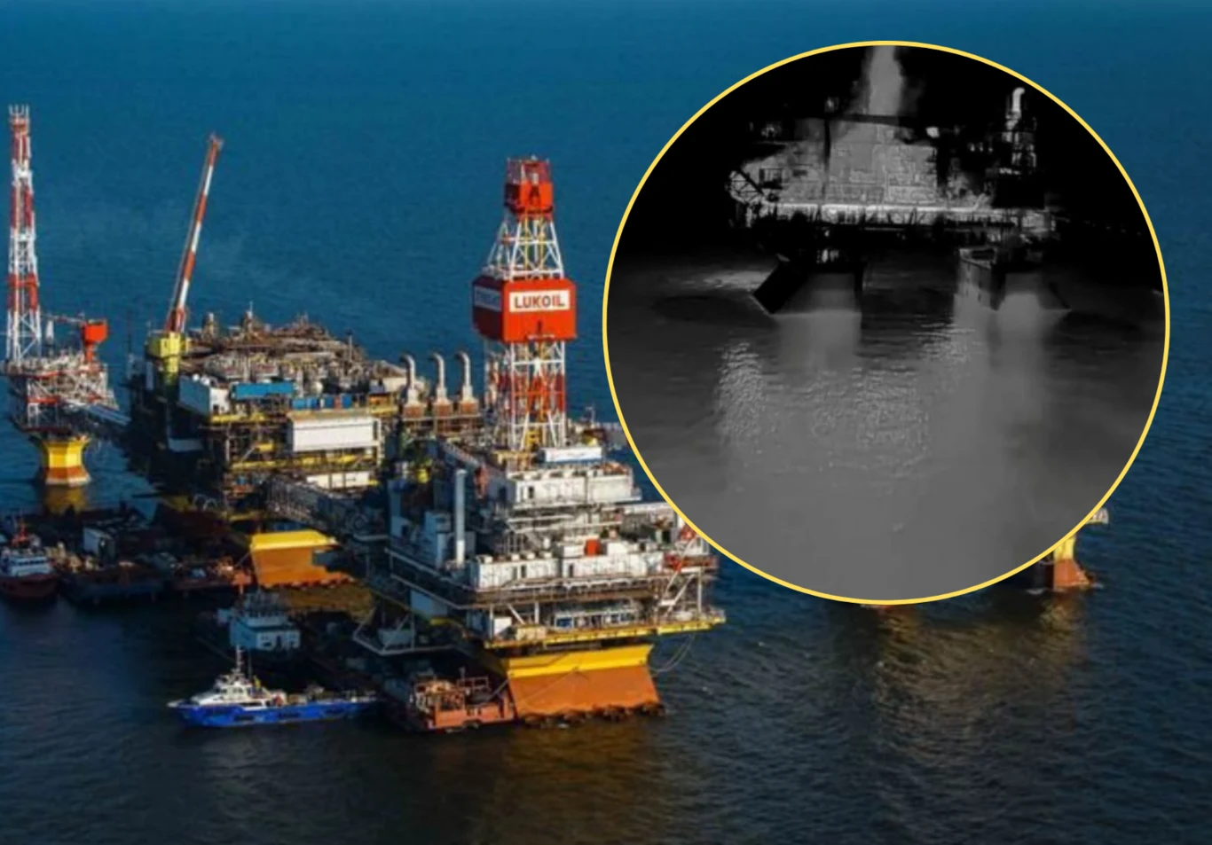Atak ukraińskich dronów na platformy wiertnicze Łukoilu na Morzu Kaspijskim. SBU ujawnia szczegóły akcji Platforma wiertnicza na morzu, otoczona przez jednostki serwisowe, z widocznym logo Lukoil, wstawka w rogu przedstawia obraz w podczerwieni pokazujący platformę i jej konstrukcję nad wodą.