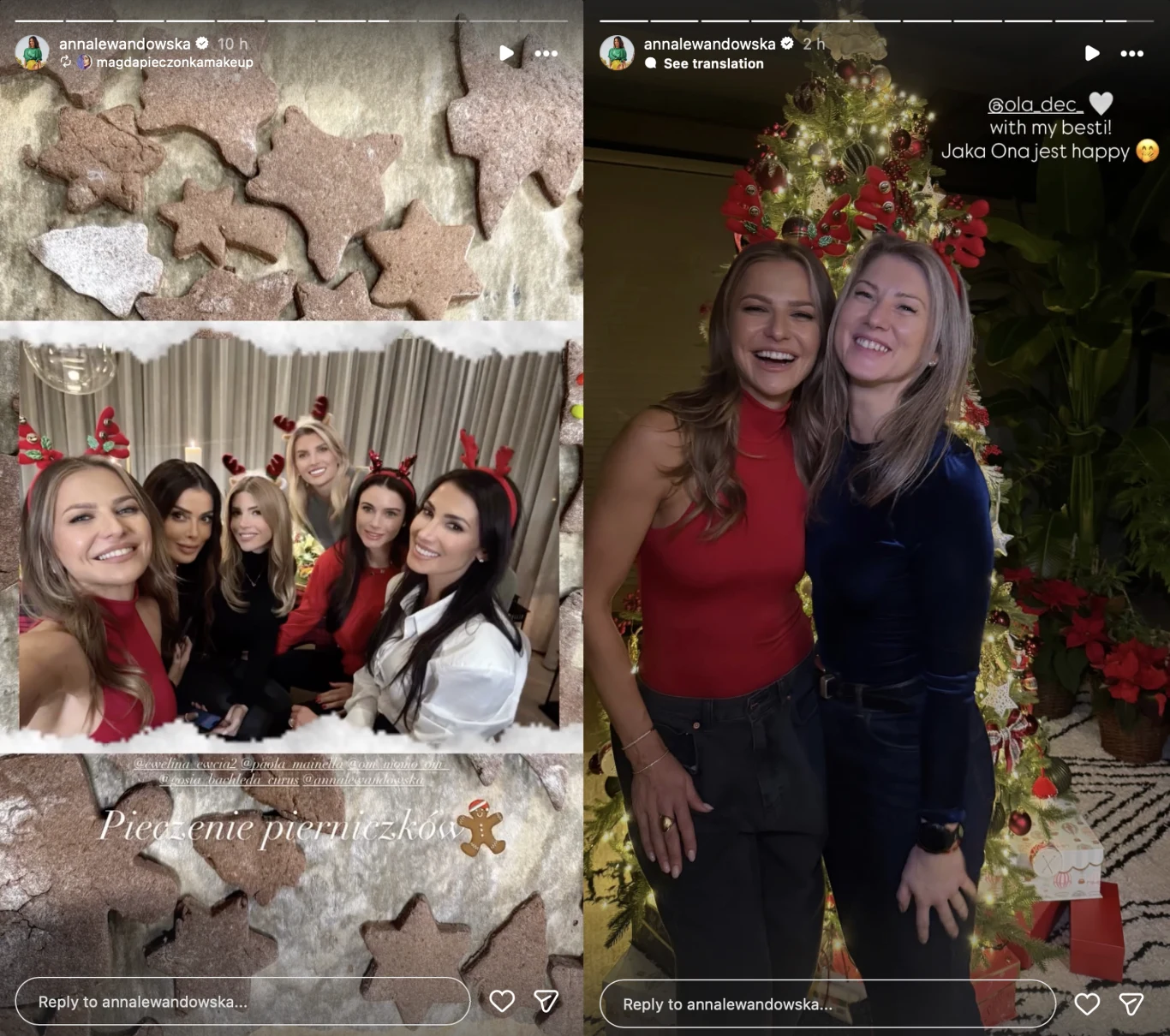 Anna Lewandowska zorganizowała pieczenie pierniczków z przyjaciółkami Grupa uśmiechniętych kobiet w świątecznych przebraniach pozuje wspólnie przy stole, na pierwszym planie widoczne są pierniczki w kształcie gwiazdek i serc, obok dwie kobiety stojące razem przed ozdobioną choinką, uśmiechnięte i szczęśliwe.