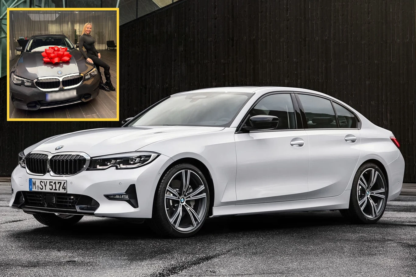 Marianna Schreiber pochwaliła się w social mediach swoim nowym BMW serii 3 Nowoczesny biały sedan BMW zaparkowany na tle ciemnej ściany, w lewym górnym rogu widoczne wstawione mniejsze zdjęcie kobiety siedzącej na masce szarego BMW ozdobionego dużą czerwoną kokardą.