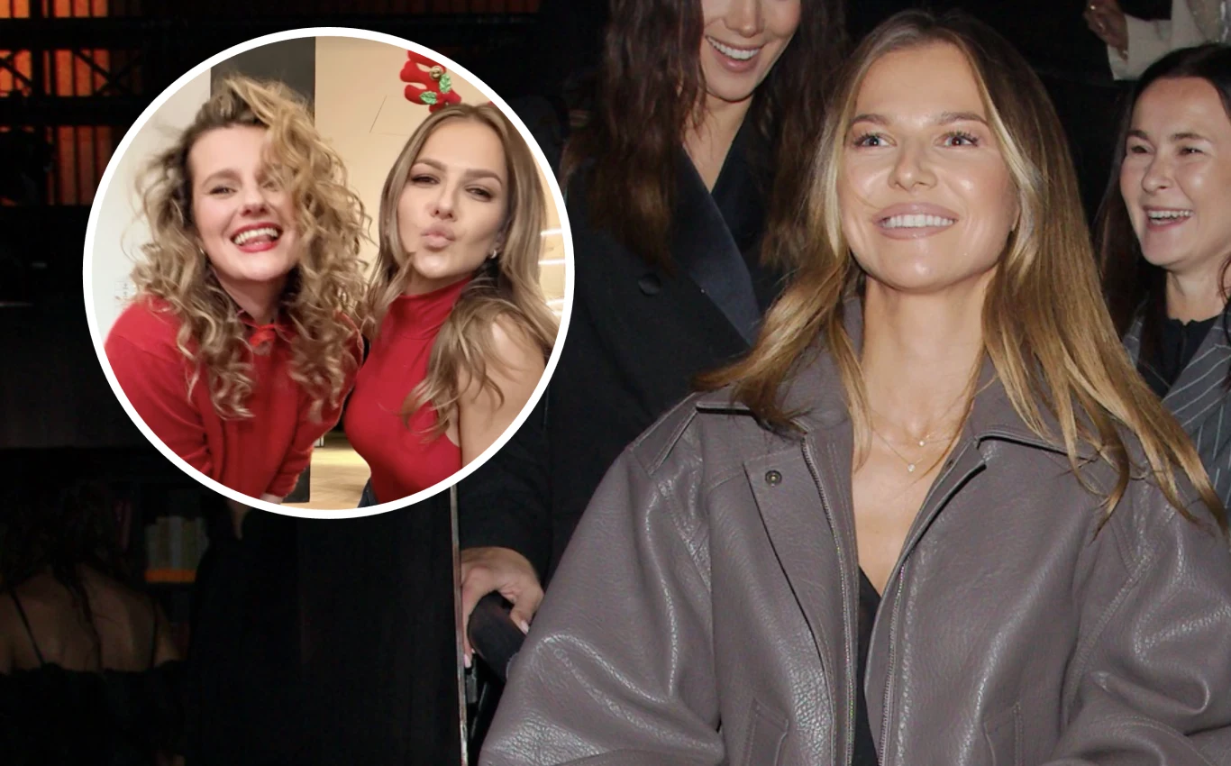 Anna Lewandowska urządziła w warszawie przyjęcie z pieczeniem pierniczków Uśmiechnięta kobieta w brązowej kurtce na pierwszym planie, wokół niej inne osoby także zadowolone; w lewym górnym rogu okrągłe wstawienie przedstawiające dwie młode kobiety w czerwonych strojach, pozujące do wspólnego zdjęcia.