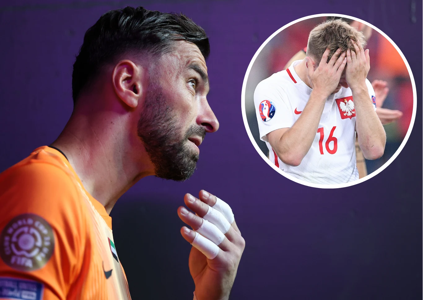 Rui Patricio i Jakub Błaszczykowski Zbliżenie na mężczyznę w pomarańczowym stroju sportowym, który ma zabandażowane palce i patrzy w bok. W okrągłym wstawionym kadrze widoczny inny mężczyzna w białej koszulce reprezentacji Polski, zasłaniający twarz rękami w geście rozczarowania lub smutku.