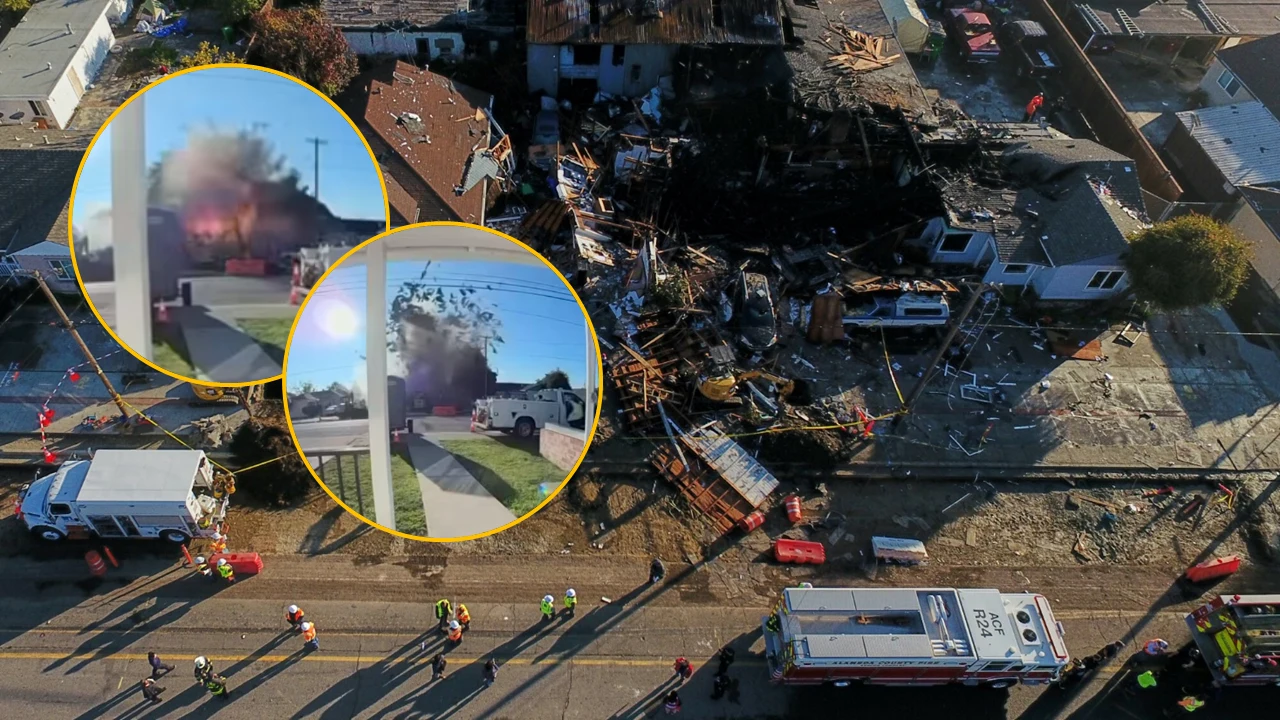 Zgliszcza budynku pożarowego otoczone przez strażaków i ratowników, zniszczona konstrukcja i pogorzelisko w centrum kadru, po bokach dwa powiększone okręgi ukazujące moment wybuchu lub intensywny ogień wychodzący z budynku.