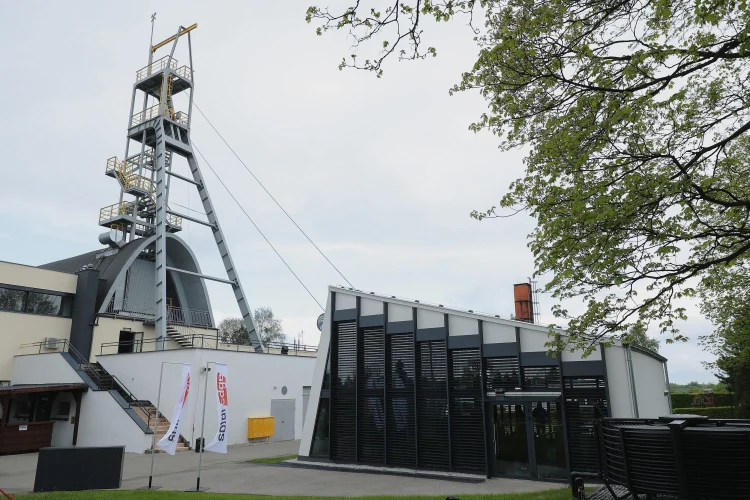 Skąd nazwa Tarnowskie Góry, skoro nie ma tu ani gór, ani Tarnowa? Odpowiedź znajduje się na zdjęciu Wieża wyciągowa kopalni z charakterystyczną konstrukcją stalową, nowoczesny budynek z przeszkleniami, fragment zieleni oraz rozłożyste drzewo z prawej strony kadru.