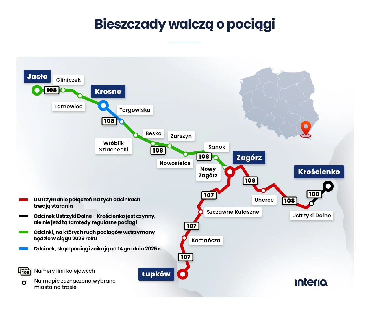 Tak wygląda kolej na południu Podkarpacia Mapa sieci kolejowej w Bieszczadach z oznaczeniem różnych odcinków linii pociągów o numerach 107 i 108, kolorystycznie wyróżnione trasy czynne, zawieszone oraz planowane do otwarcia, wraz z nazwami stacji i miast na trasie.