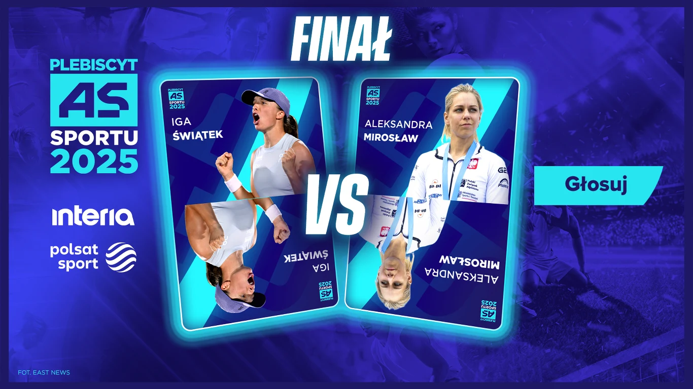 Grafika promująca finał plebiscytu AS Sportu 2025 z wizerunkami Igi Świątek i Aleksandry Mirosław na tle niebieskiej planszy, logotypami sponsorów oraz wezwaniem do głosowania