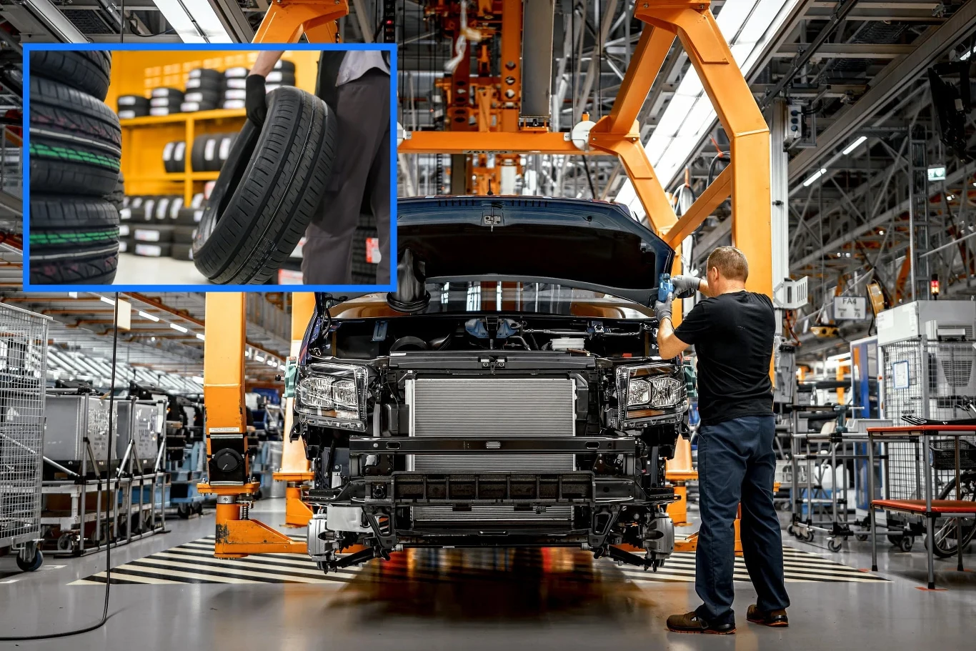 W Opolu ma powstać pierwsza w Europie fabryka Kumho Tyre Proces montażu samochodu na linii produkcyjnej w nowoczesnej fabryce, pracownik wykonuje czynności techniczne przy nadwoziu pojazdu, otoczenie wypełnione jest maszynami, częściami i narzędziami.