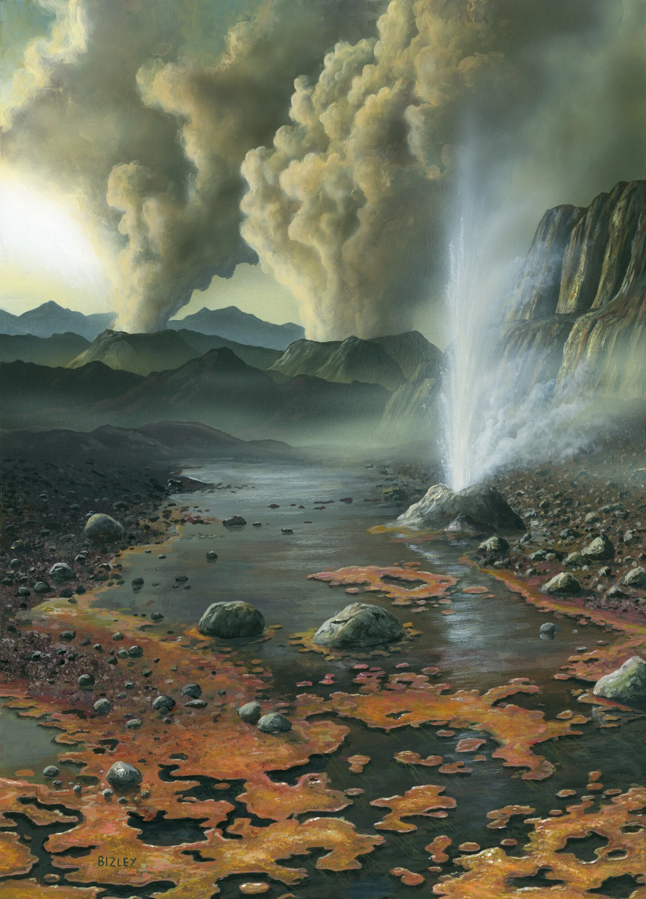 Krajobraz Ziemi przed ponad 3 miliardami lat Wybuchający gejzer pośród skalistego, surowego krajobrazu, unosząca się para wodna i ciemne obłoki dymu na niebie, otoczenie pełne lawowych skał oraz wody z zabarwioną, czerwonobrązową powierzchnią.