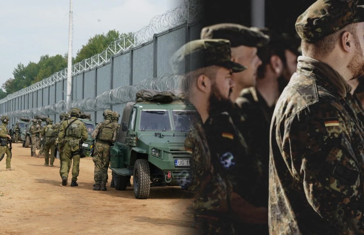 Niemcy wyślą do Polski żołnierzy, którzy będą pomagać w umacnianiu wschodniej granicy Żołnierze w mundurach wojskowych stojący przy ogrodzeniu z drutu kolczastego obok samochodu terenowego, po obu stronach zdjęcia widoczne są różne grupy wojskowych.