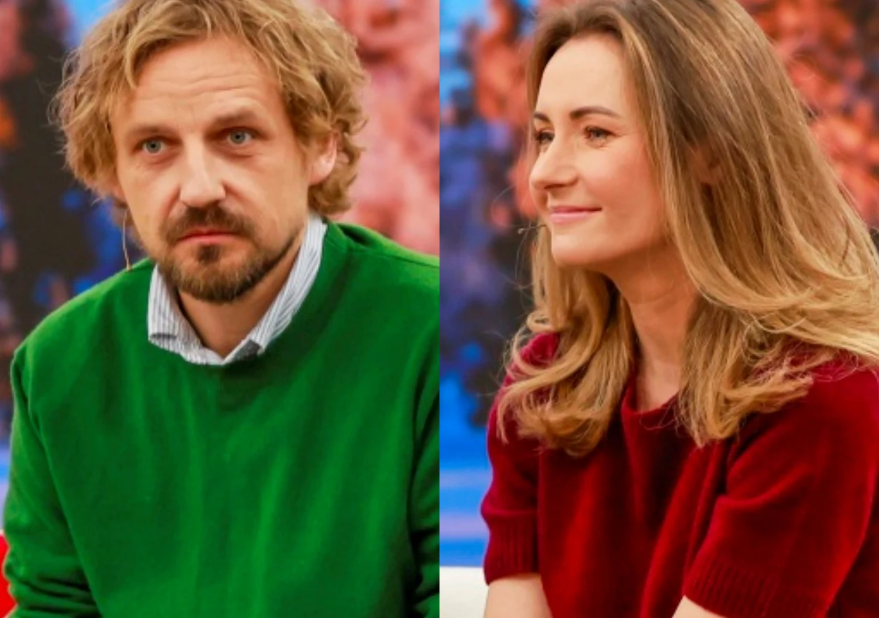 Paweł Domagała, Zuzanna Grabowska Dwie dorosłe osoby, mężczyzna w zielonym swetrze i kobieta w bordowym swetrze, siedzące obok siebie na tle kolorowego, rozmytego tła, patrzą w różne strony, sprawiają pozytywne wrażenie.