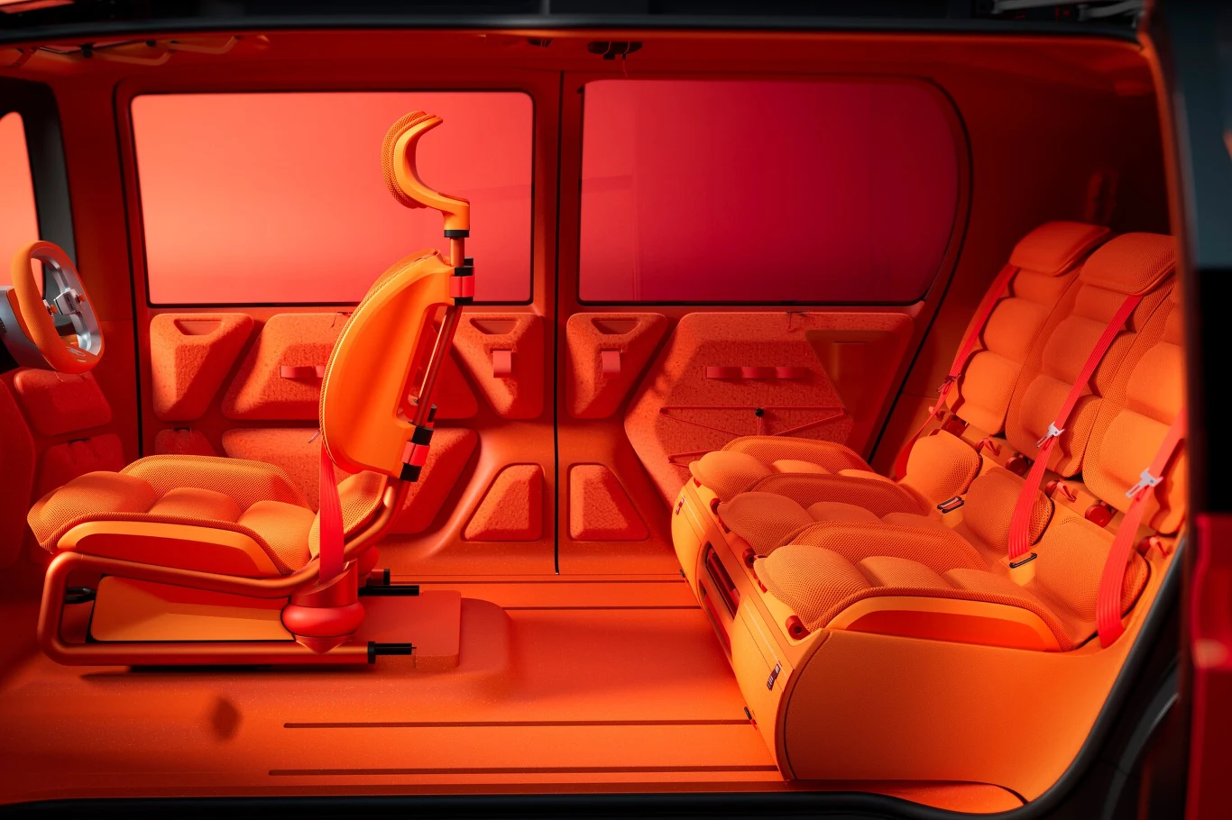 W Citroenie ELO w oczy rzuca się wszechobecny pomarańcz Wnętrze nowoczesnego samochodu o intensywnie pomarańczowej kolorystyce, po lewej stronie pojedynczy, futurystyczny fotel z oryginalnym zagłówkiem, po prawej stronie dwa obszerne tylne siedzenia, widoczne pasy bezpieczeństwa, brak kierownicy, duże boczn...