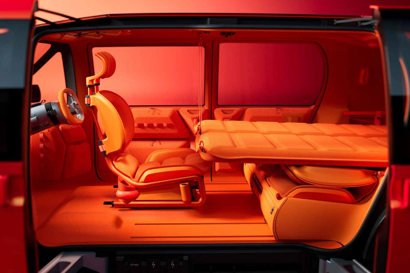 W Citroenie ELO będzie można jeździć, pracować i odpoczywać Nowoczesne wnętrze samochodu w jaskrawej pomarańczowej kolorystyce z rozłożonym przednim siedzeniem na płasko, co tworzy powierzchnię przypominającą łóżko, minimalistyczna i futurystyczna aranżacja przestrzeni.