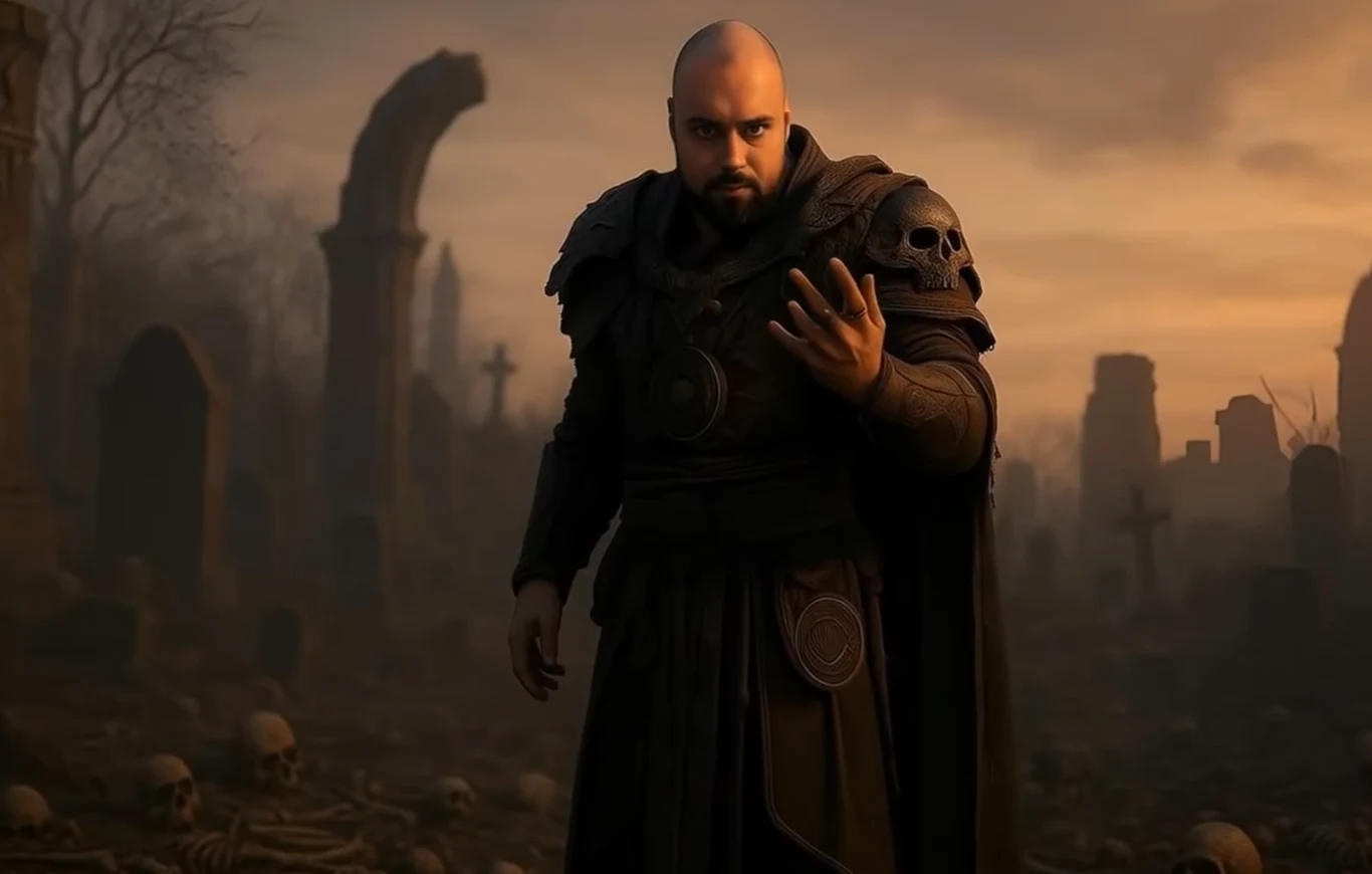 Łysy mężczyzna w czarnej zbroi ozdobionej czaszkami stoi na cmentarzu, wśród licznych nagrobków i kości rozrzuconych na ziemi, w tle widoczne stare krzyże i zniszczone łuki nagrobne, atmosfera jest mroczna i ponura.