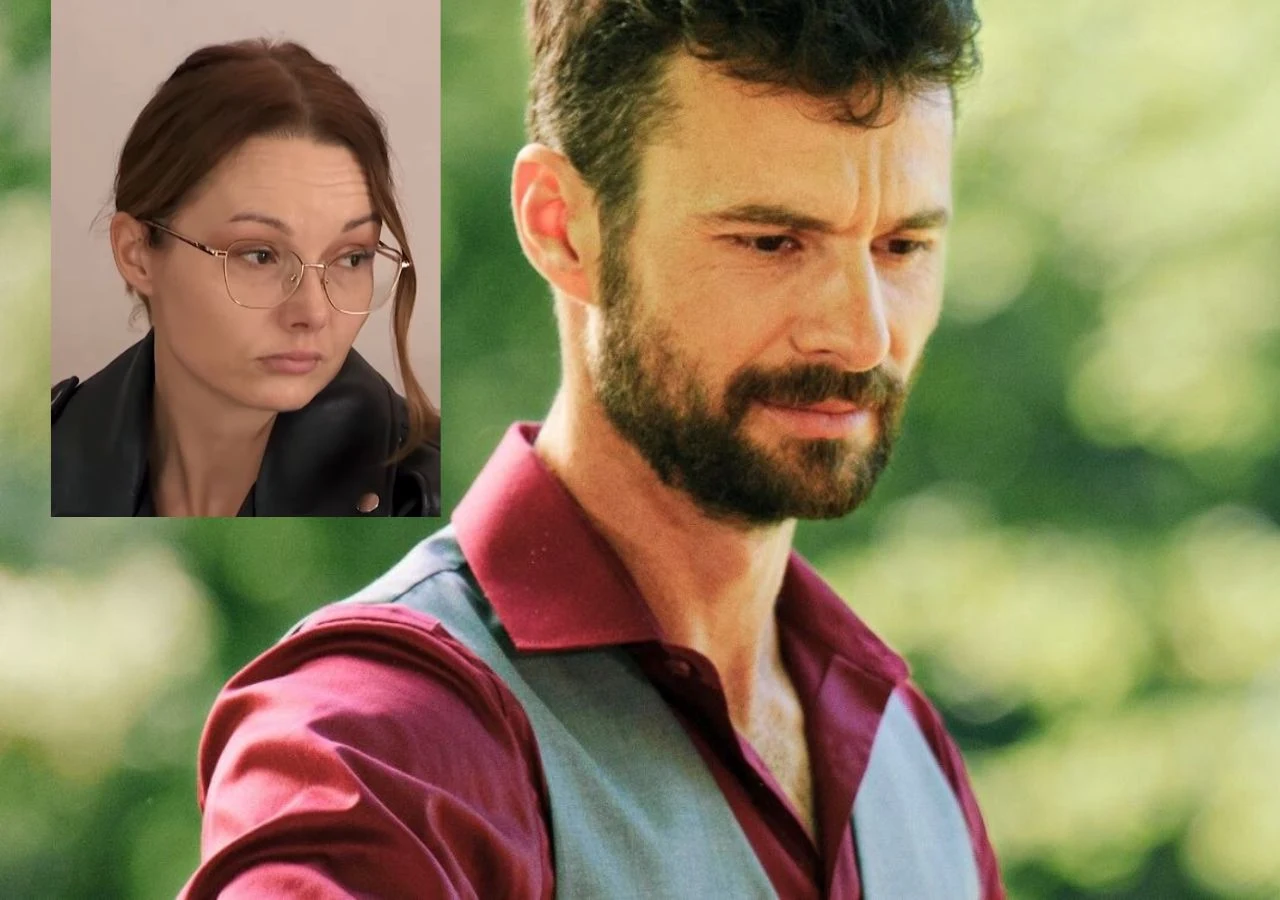 "Rolnik szuka żony" 12. Roland i Kasia Mężczyzna z zarostem w bordowej koszuli i szarej kamizelce patrzy w dół z lekkim zamyśleniem, w lewym górnym rogu znajduje się mniejsze zdjęcie kobiety w okularach, z brązowymi włosami spiętymi do tyłu, patrzącej w bok.