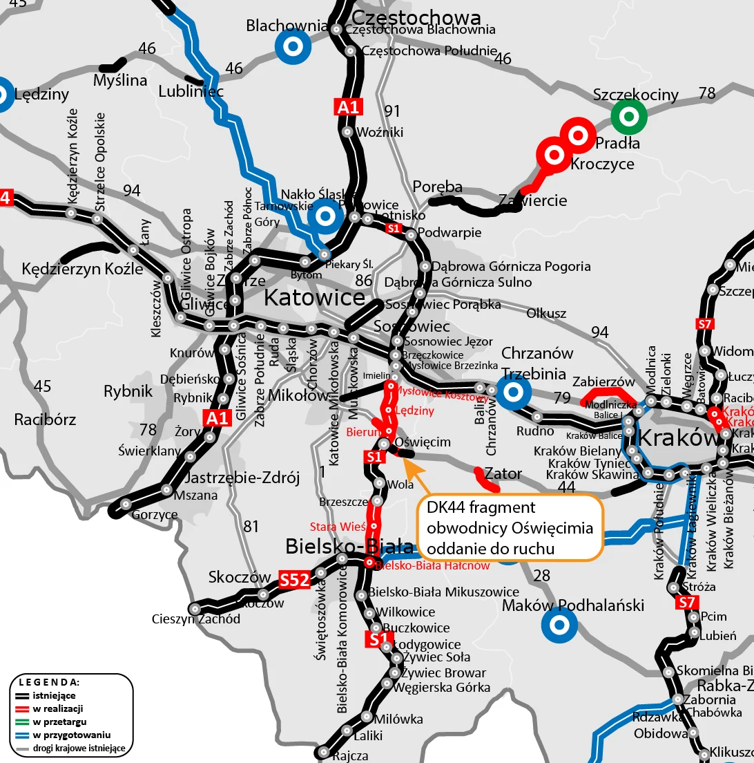 Mapa nowych fragmentów dróg na południu Polski Mapa sieci dróg krajowych na południu Polski z zaznaczonymi głównymi trasami, nowo oddanym fragmentem obwodnicy Oświęcimia oraz lokalizacjami węzłów i miast takich jak Katowice, Kraków, Częstochowa i Bielsko-Biała.