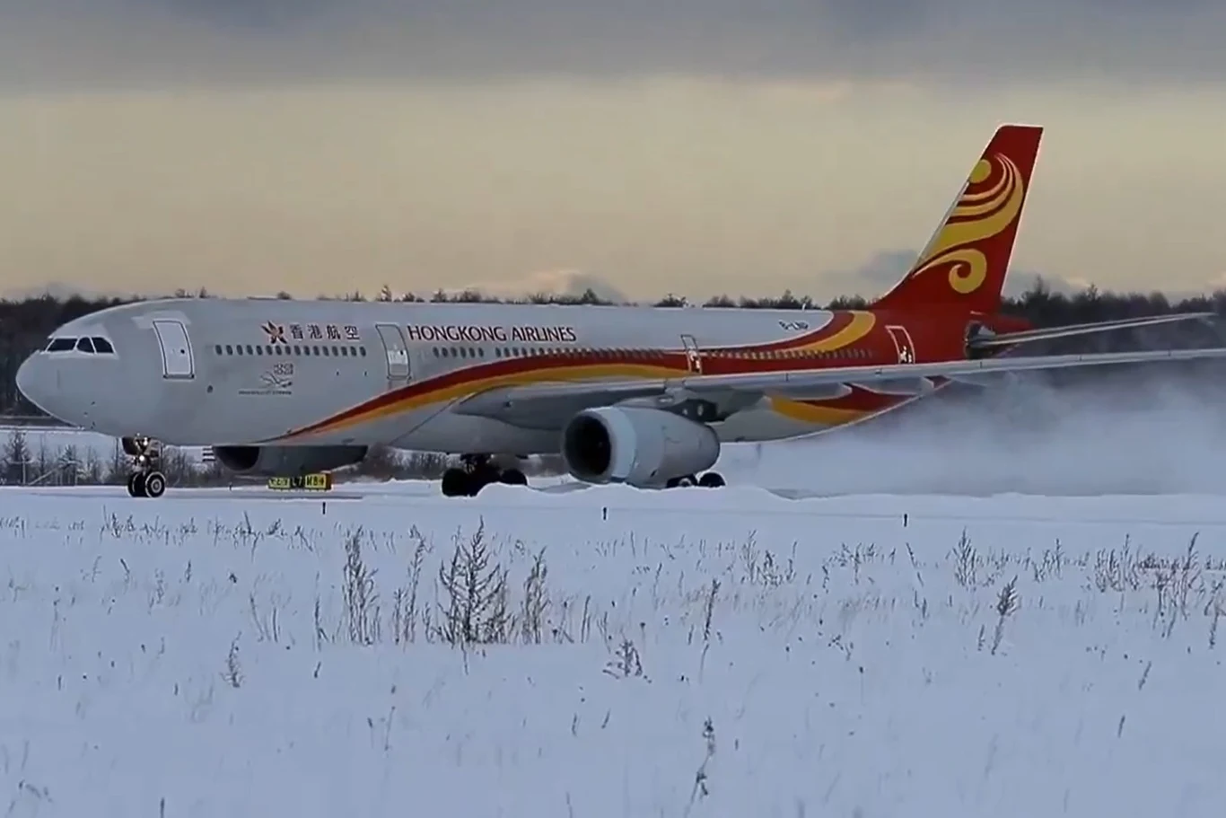 Samolot na ośnieżonym lotnisku New Chitose. Na japońskiej wyspie Hokkaido miejscami w ciągu doby spadło ponad pół metra śniegu Samolot pasażerski Hong Kong Airlines kołuje po ośnieżonym pasie startowym, w tle drzewa i zimowe niebo.