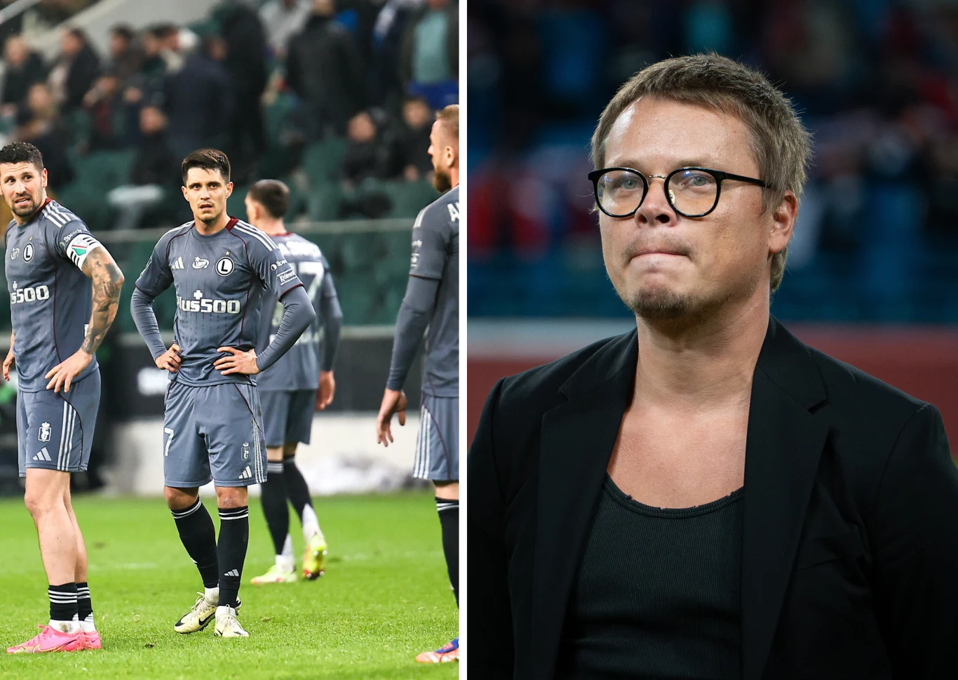 Jarosław Królewski (P) wyjawił, czy wierzy w wyjście z kryzysu piłkarzy Legii Warszawa (P) Po lewej stronie kilku piłkarzy w szarych strojach sportowych stoi na boisku, sprawiając wrażenie zmartwionych lub rozczarowanych. Po prawej stronie znajduje się mężczyzna w okularach i czarnej marynarce, ze zmartwionym wyrazem twarzy, na tle trybun st...