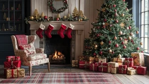 Świąteczny pokój z choinką, kominkiem i prezentami