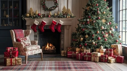 Świąteczny pokój z choinką, kominkiem i prezentami