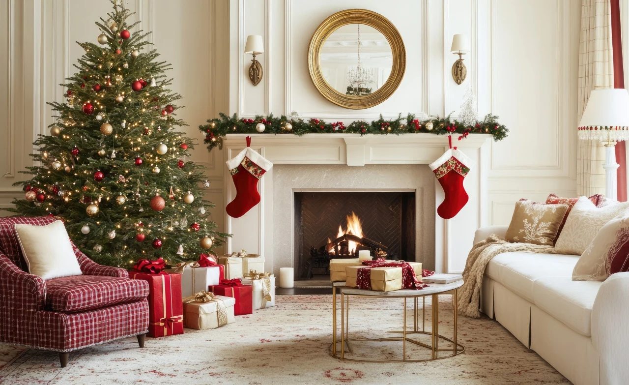 Wnętrze pokoju na święta - choinka, fotel, prezenty