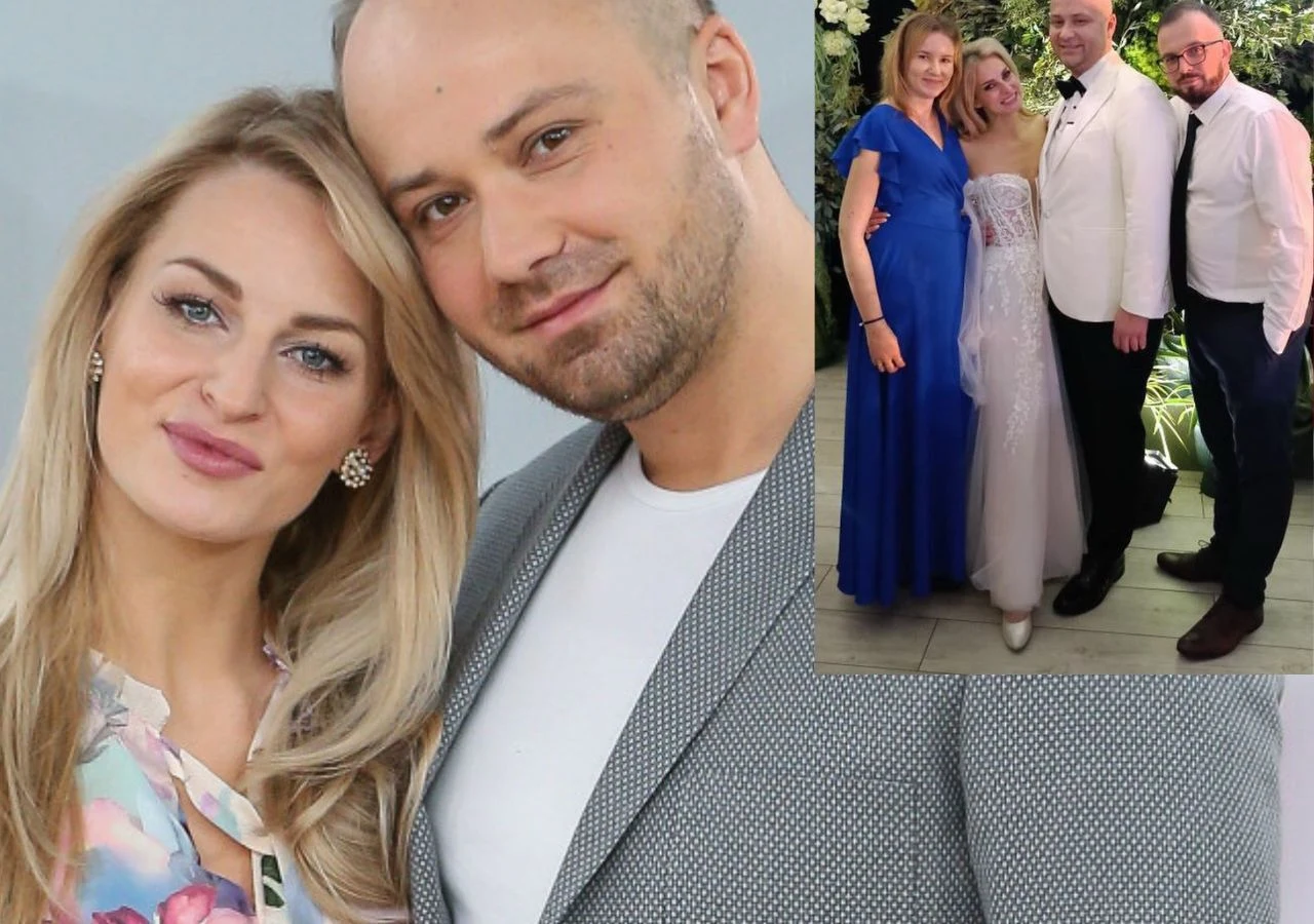 Kornelia i Marek Różańscy na ślubie Anity i Adriana z "ŚOPW" Para obejmująca się i uśmiechająca w eleganckich strojach, a obok widoczna mniejsza fotografia czterech osób w eleganckich ubraniach podczas uroczystości, w tym panna młoda w sukni ślubnej.