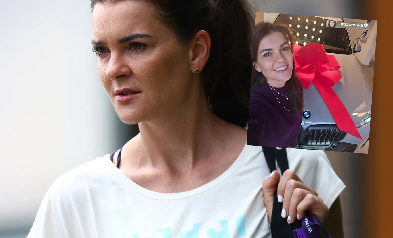 Agnieszka Radwańska pochwaliła się nowym samochodem /instagram.com/aradwanska/ Kobieta z wyrazem skupienia na twarzy idzie trzymając torbę sportową na ramieniu, w prawym górnym rogu wkomponowana jest mniejsza fotografia przedstawiająca uśmiechniętą młodą kobietę stojącą przy samochodzie BMW ozdobionym dużą czerwoną kokardą.