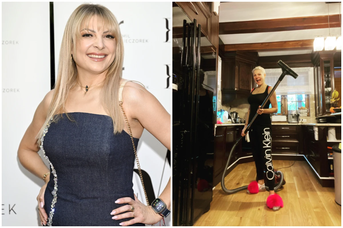 //www.instagram.com/madzia_pim/?hl=pl Kobieta z blond włosami w eleganckiej sukience uśmiecha się przed obiektywem na tle ścianki, obok na drugim zdjęciu ta sama osoba odkurza kuchnię ubrana w czarny strój z napisem marki modowej i różowe kapcie.